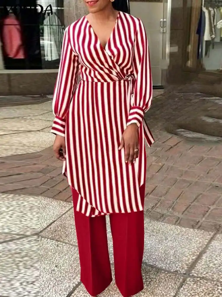 2023 Autumn Long Tops Wide Leg Pants Sets VONDA Women Pant Sets Fashion Vintage Striped Long Sleeve Bandage Shirts Pants Suits
2023 Autumn Long Tops Wide Leg Pants Sets VONDA Women Pant Sets Fashion Vintage Striped Long Sleeve Bandage Shirts Pants Suits