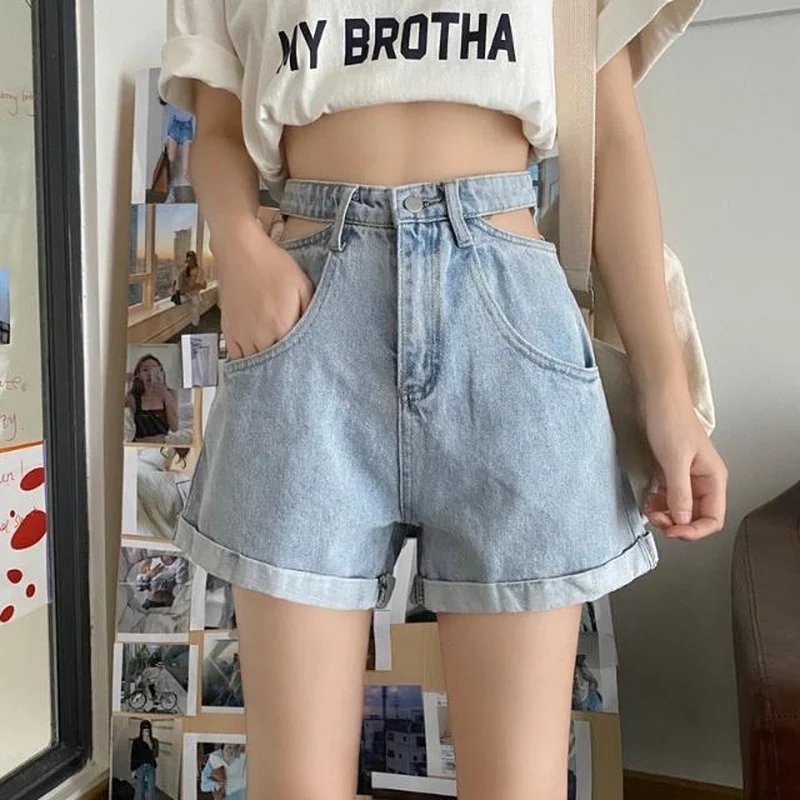 

Summer Hong Kong Style High Waist Slimming Curling Denim Shorts Women's Korean Style Personality Hollow out Straight Wide Leg
