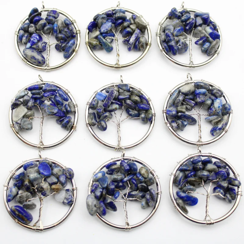 

30mm Natural Stone Wire Wrapped Chakra Reiki Healing Tree of Life Lapis Lazuli Agates Pendant for Necklace Jewelry Making 10pcs