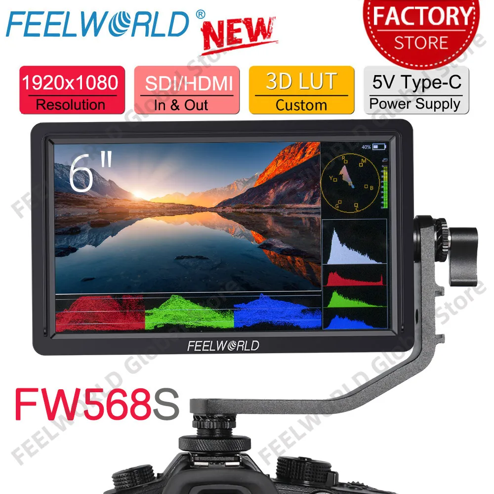 

Монитор для камеры FEELWORLD FW568S, 6-дюймовый Full HD 1920x108 0 IPS DSLR полевой монитор с волнообразной LUT 3G SDI 4K HDMI вход 8,4 в DC Выход