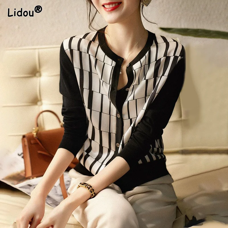 

Black White Lattice O-Neck Spliced Cardigan Ice Silk Knitting Single Breasted Women's Clothing Office Lady Plaid Slim Sweaters