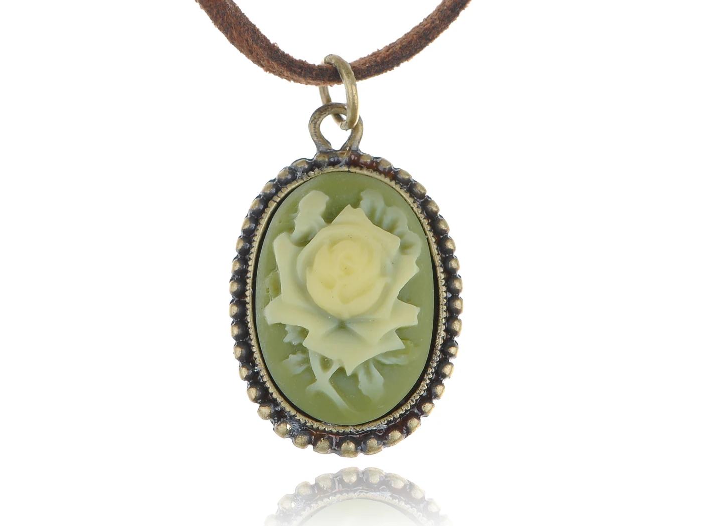 Antique Golden Tone Vintage Faux Suede Green Enamel Rose Oval Pendant Necklace
Antique Golden Tone Vintage Faux Suede Green Enamel Rose Oval Pendant Necklace