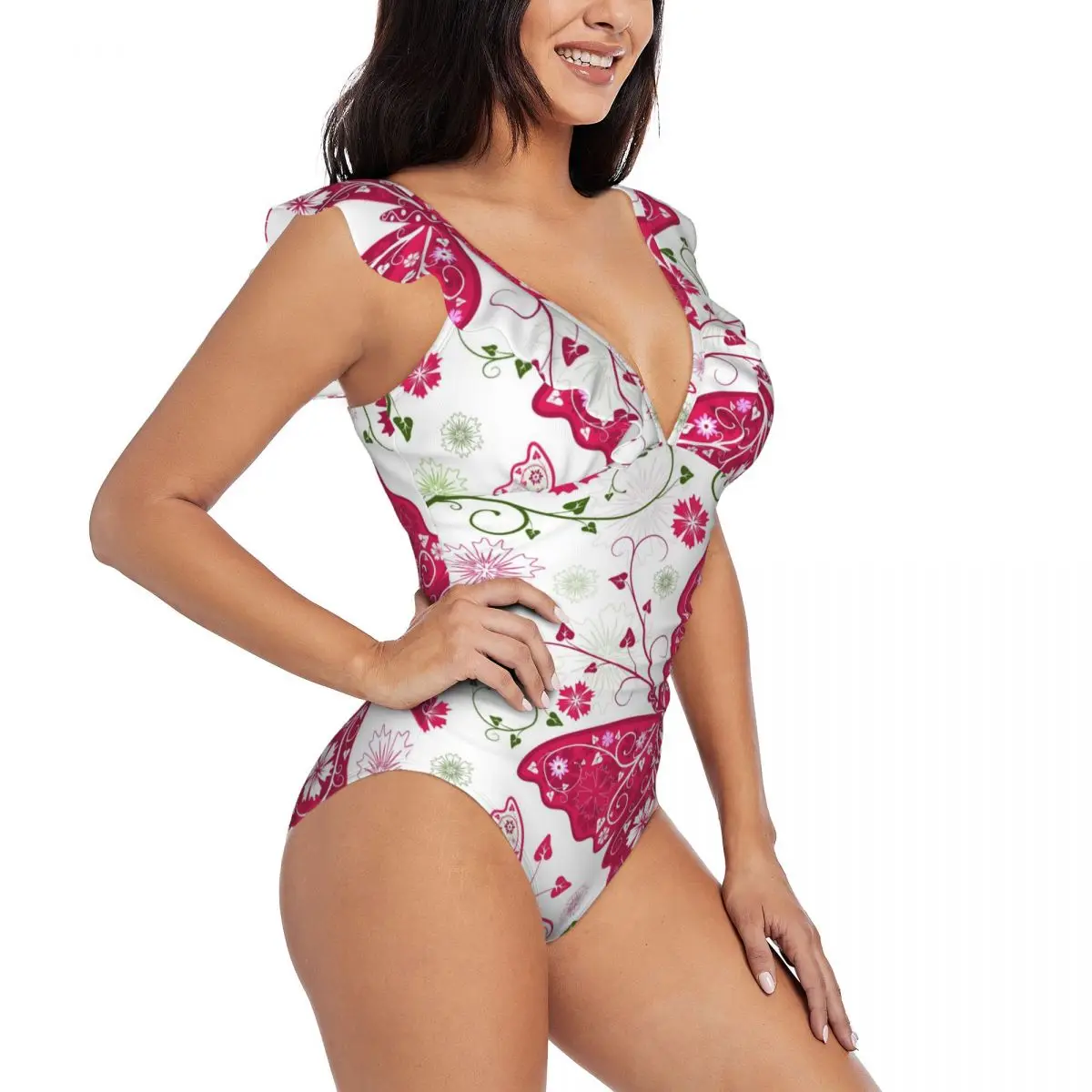 

Sexy One Piece Swimsuit Women Floral Pattern With Butterflies Ruffled Swimwear Monokini Female Bodysuit Girl Beach Bathing Suit