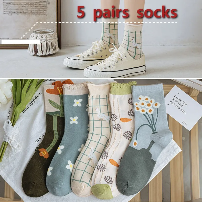 5 Pairs New Women Crew Socks Spring Fashion Cute Flower Long Cotton Socks Japanese Style Breathable Casual Trendy Absorb Sweat
5 Pairs New Women Crew Socks Spring Fashion Cute Flower Long Cotton Socks Japanese Style Breathable Casual Trendy Absorb Sweat