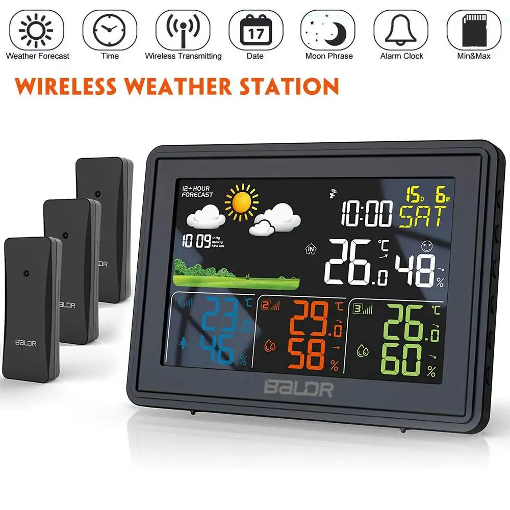 

Домашняя беспроводная станция для измерения температуры, уличный цифровой термометр, гигрометр, будильник, цветной барометр для прогноза