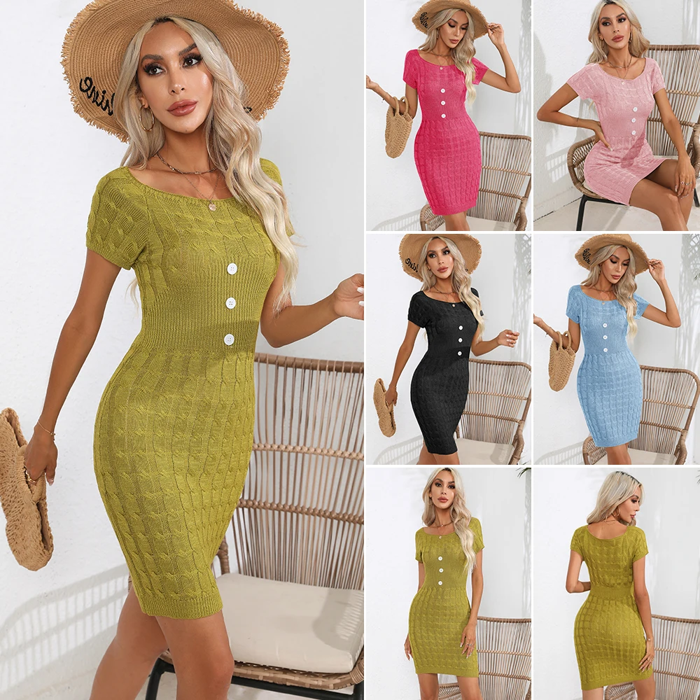 Twisted Square Collar Short Sleeve Sweater Skirt Female Button Twist Ultra Slim Waist Knit Dress
Twisted Square Collar Short Sleeve Sweater Skirt Female Button Twist Ultra Slim Waist Knit Dress