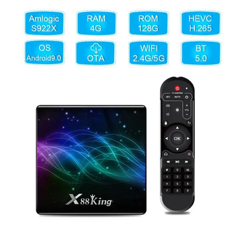 ТВ-приставка X88 King 4 ГБ 128G Amlogic S922X Android 9,0 Dual Wifi Bt5.0 1000M 4K 60Fps Usb3.0 Youtube 4K медиаплеер
ТВ-приставка X88 King 4 ГБ 128G Amlogic S922X Android 9,0 Dual Wifi Bt5.0 1000M 4K 60Fps Usb3.0 Youtube 4K медиаплеер