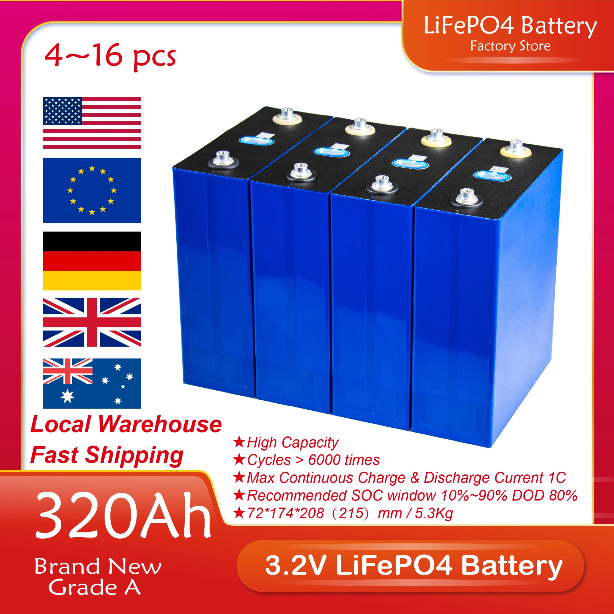 

Аккумуляторная батарея класса А, батарея Lifepo4 310Ah 320Ah, 12 В 24 В 48 В для электромобиля, с питанием от солнечной энергии, не облагается налогом ЕС, США