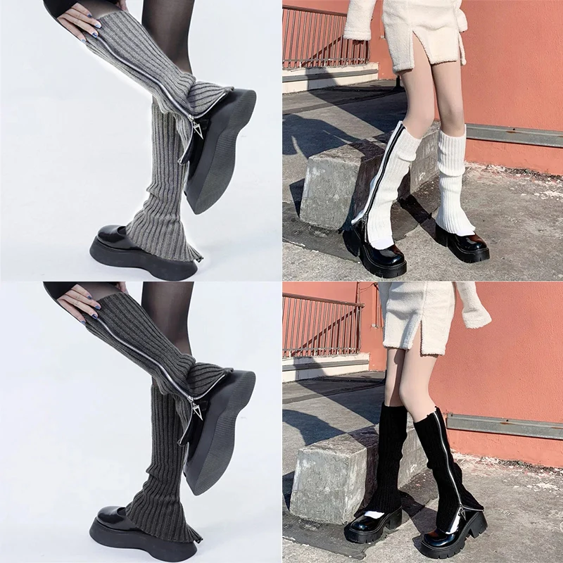 Women Gothic Punk Ribbed Knitted Leg Warmers Harajuku Side Zipper Up Solid Color Boot Socks Student Knee High Foot Cover 
Women Gothic Punk Ribbed Knitted Leg Warmers Harajuku Side Zipper Up Solid Color Boot Socks Student Knee High Foot Cover