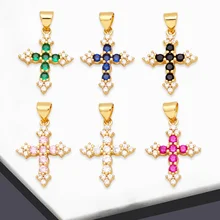 OCESRIO Multicolor Mini Cross Pendant for Necklace Copper Gold Plated Crystal Crucifix Women Men Jewelry Making Supplies pdta947