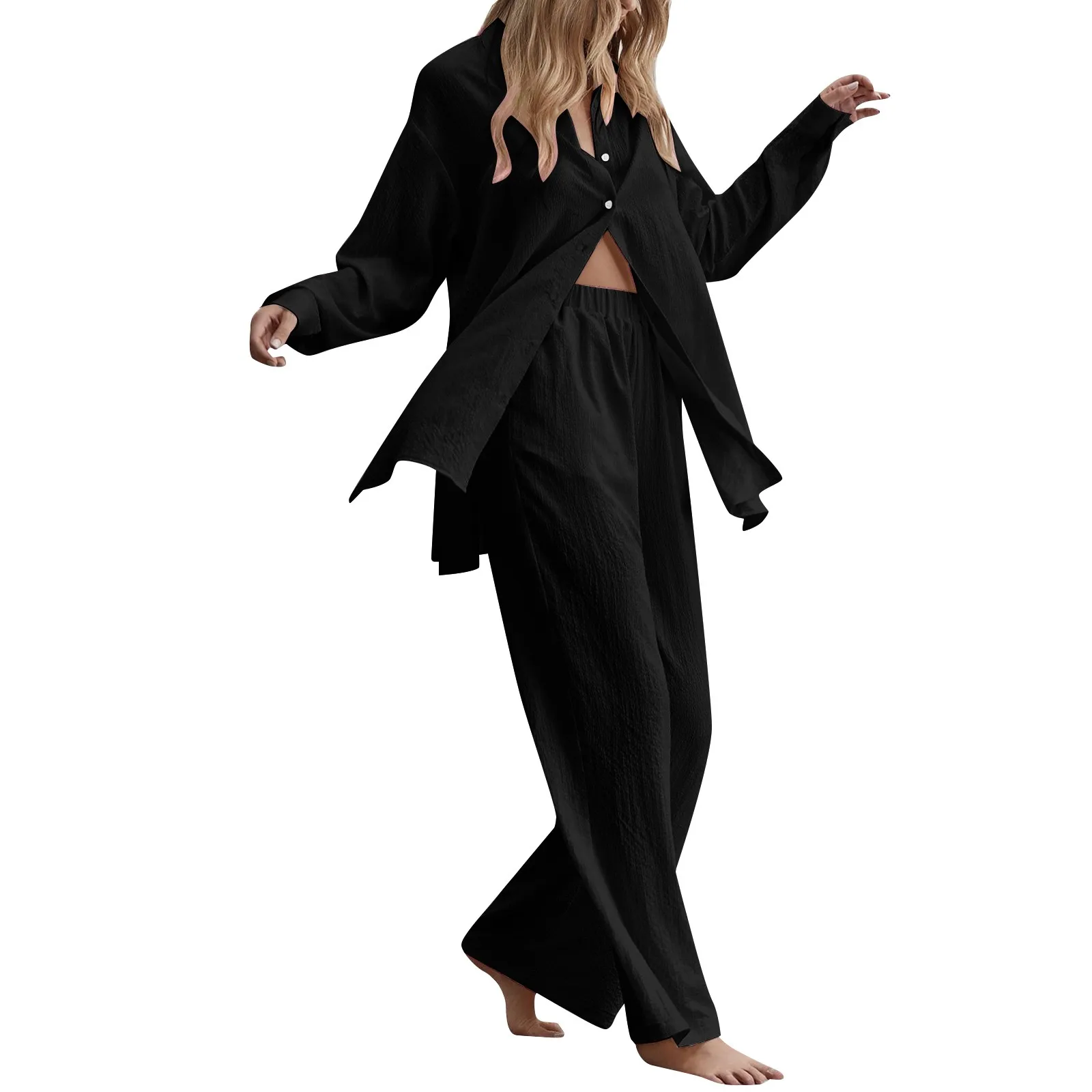 

New Women Ladies 2 Piece Retro Plus Size Cotton And Shirt Suit High Waist Slacks Suit Top Pants Long Sleeve Pajamas Fashion