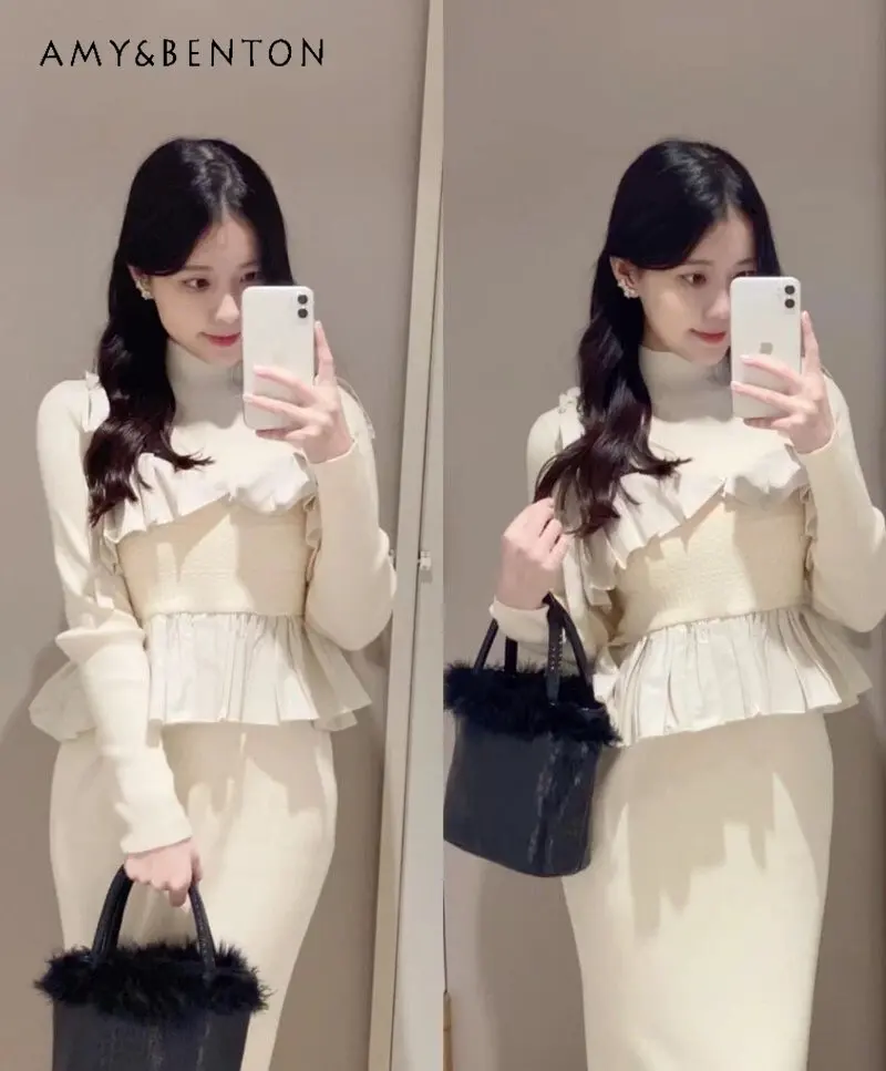 Elegant Outfits Ruffled Stitching Tied Spring Autumn Spaghetti Straps Knitted Dress Women Two Piece Set
Elegant Outfits Ruffled Stitching Tied Spring Autumn Spaghetti Straps Knitted Dress Women Two Piece Set