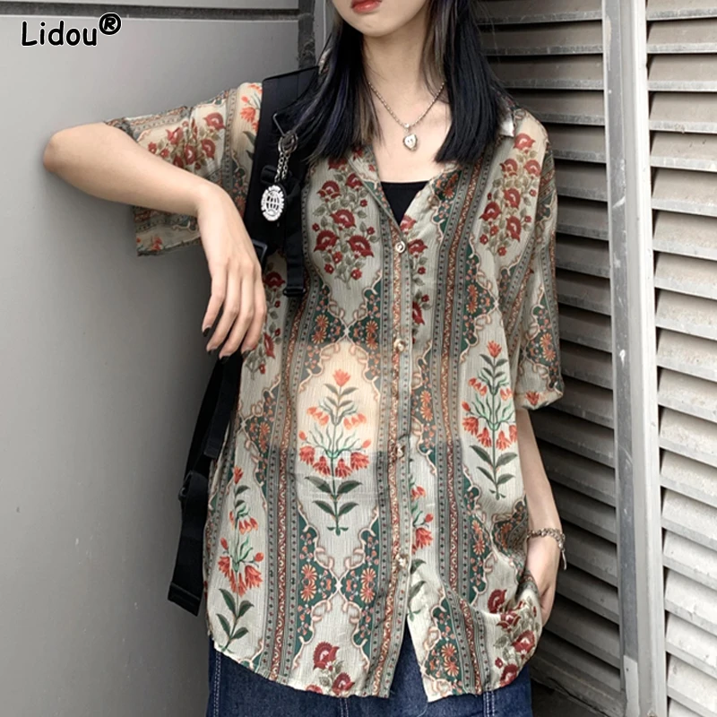 Summer Turn-down Collar Loose Printing Thin Button Tops Short Sleeve Blouses Fashion Casual Korean New Women's Clothing 2023
Summer Turn-down Collar Loose Printing Thin Button Tops Short Sleeve Blouses Fashion Casual Korean New Women's Clothing 2023