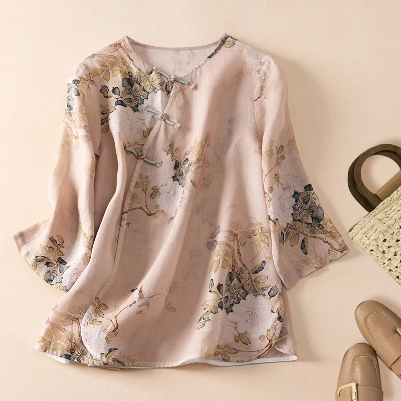 Женская рубашка в китайском стиле, Новинка лета 2023, блузки с цветочным принтом, повседневный Свободный Топ из хлопка и льна с О-образным вырезом и рукавом 7 сентября, YCMYUNYAN 
Женская рубашка в китайском стиле, Новинка лета 2023, блузки с цветочным принтом, повседневный Свободный Топ из хлопка и льна с О-образным вырезом и рукавом 7 сентября, YCMYUNYAN