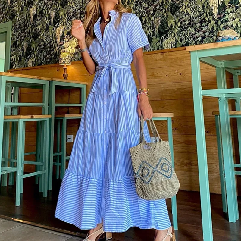 Women Long Dress Striped Short Sleeve Turn-down Collar Single Breasted Bandage Sashes A-line Maxi Dresses Summer Outfits
Women Long Dress Striped Short Sleeve Turn-down Collar Single Breasted Bandage Sashes A-line Maxi Dresses Summer Outfits