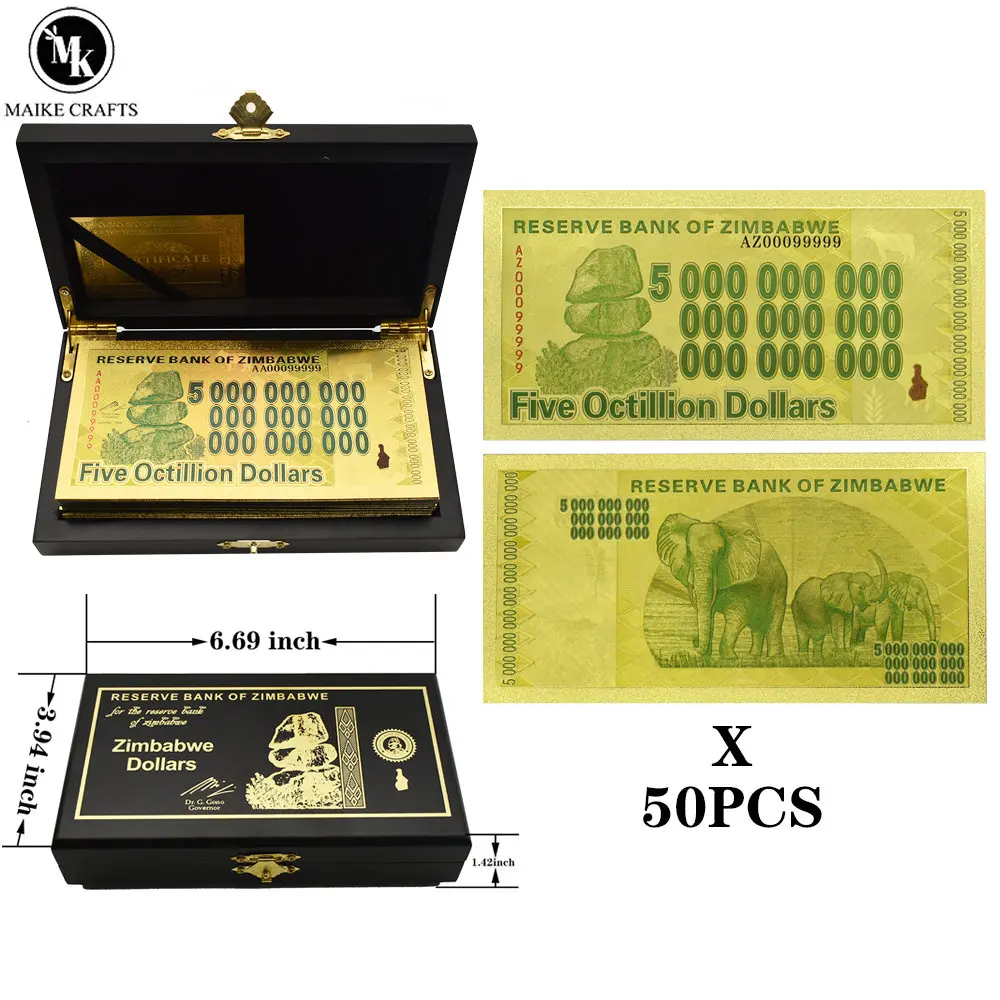 50pcs/box Zimbabwe Five Octillion Dollars Gold Foil Banknotes Wooden Box Set Home Decor Collection Business Gift
50pcs/box Zimbabwe Five Octillion Dollars Gold Foil Banknotes Wooden Box Set Home Decor Collection Business Gift