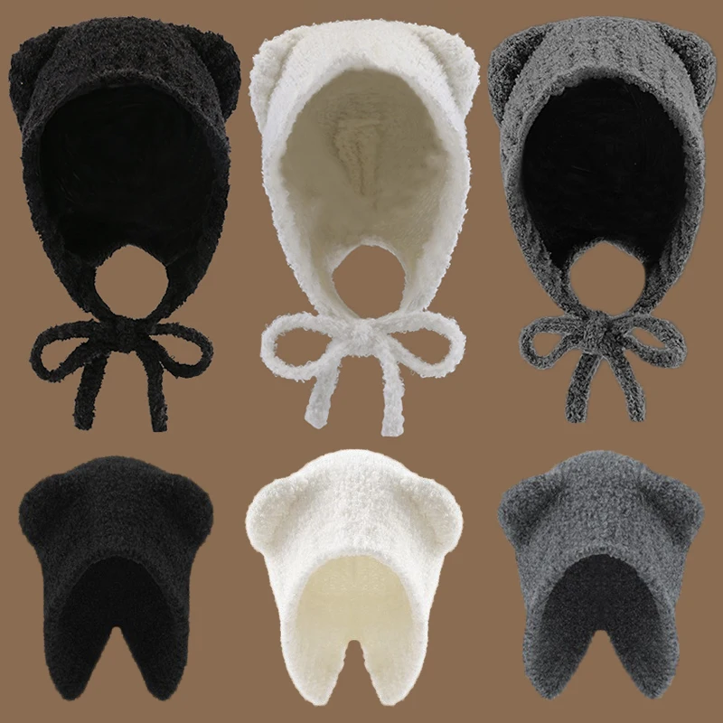 

Флисовые шапки-бомберы с медвежьими ушками из ягненка для женщин, толстые шапки с ушными манжетами, шапка, пуловер для девушек, уличные теплые шапки, Солнцезащитная шапка