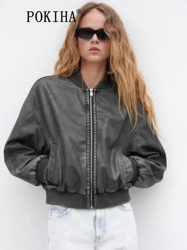 

Pokiha Fashion Women With Pockets Faux Leather Bomber Jacket Coat Vintage Long Sleeve Front Zipper Female Outerwear Chic Tops
