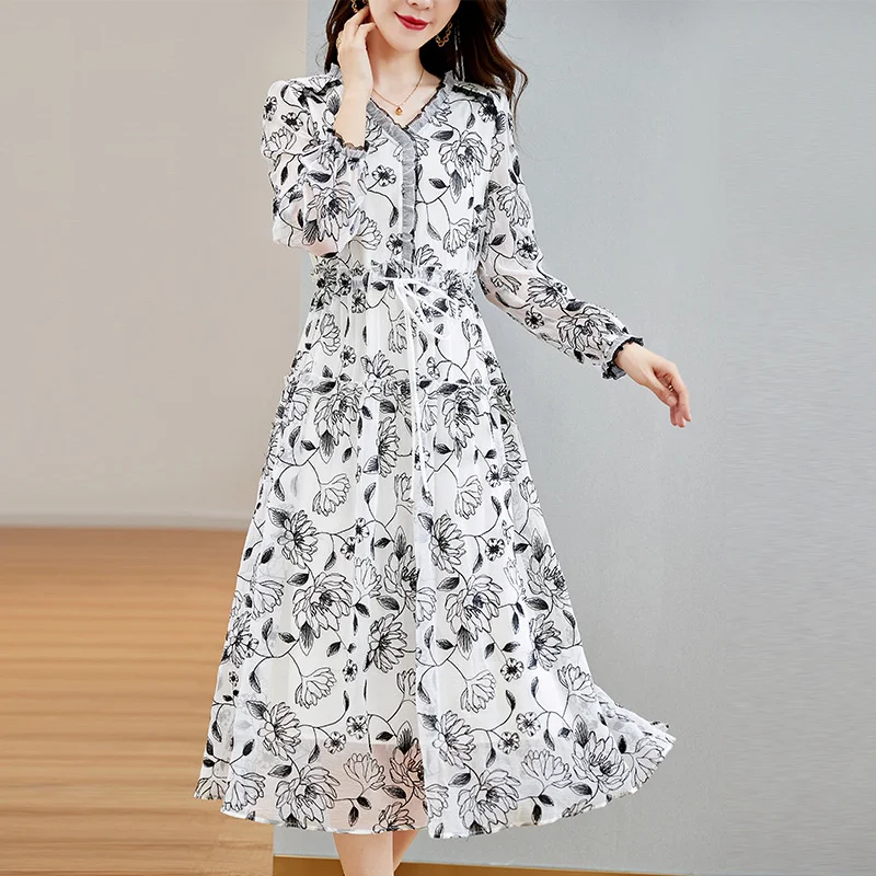 Шелковое платье, платье с длинным рукавом для женщин среднего возраста, весна-осень 2023 
Шелковое платье, платье с длинным рукавом для женщин среднего возраста, весна-осень 2023