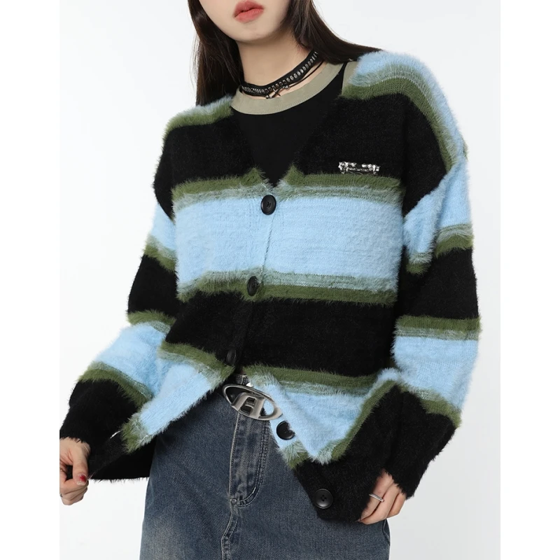 Women's Clothes Blue Cardigan Sweater Stripe Color Contrast Outerwear Fashion Vintage Lazy Wind Winter Long Sleeve Knitting Coat
Women's Clothes Blue Cardigan Sweater Stripe Color Contrast Outerwear Fashion Vintage Lazy Wind Winter Long Sleeve Knitting Coat