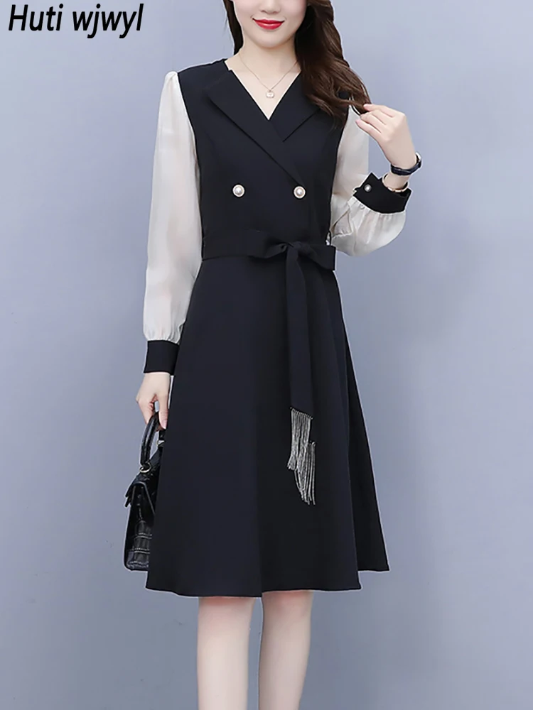 

Черное модное шикарное платье миди в стиле пэчворк осень-зима элегантные женские шикарные платья для выпускного вечера 2023 корейский стиль винтажное облегающее женское платье
