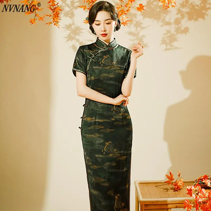 Nvnang Chinese Cheongsam,spring and Autumn Womens Dress Wedding Style Chinese Style Stand Collar Fashion Short-Sleeved Cheongsam
Nvnang Chinese Cheongsam,spring and Autumn Womens Dress Wedding Style Chinese Style Stand Collar Fashion Short-Sleeved Cheongsam