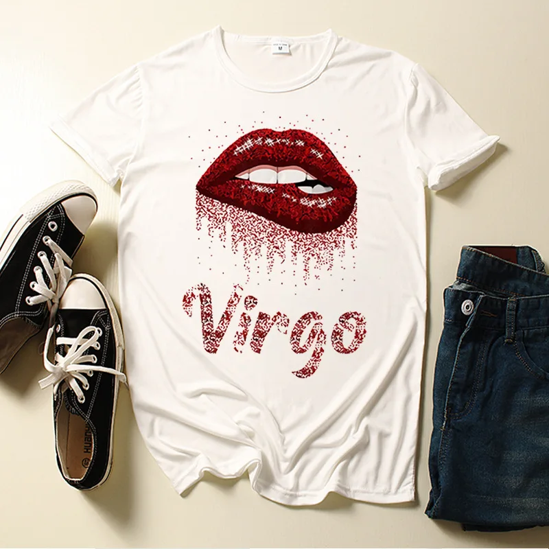 

Virgo Blazing Red Lips Print Women T Shirt Short Sleeve O Neck Loose Women Tshirt Ladies Tee Shirt Tops Camisetas Mujer