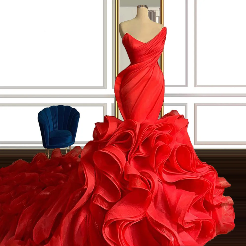 Red Mermaid Prom Dress Long Train Tiered Organza Formal Party Dress Saudi Arabia Dubai Strapless Evening Gowns Vestidos De Noche
Red Mermaid Prom Dress Long Train Tiered Organza Formal Party Dress Saudi Arabia Dubai Strapless Evening Gowns Vestidos De Noche