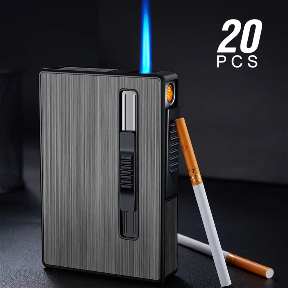 

Cigarette Case With Lighter Jet Flame Lighter USB Metal Lighter Holds 20pcs 100mm Cigarettes Tobacco Storage Box Smoking Gadgets