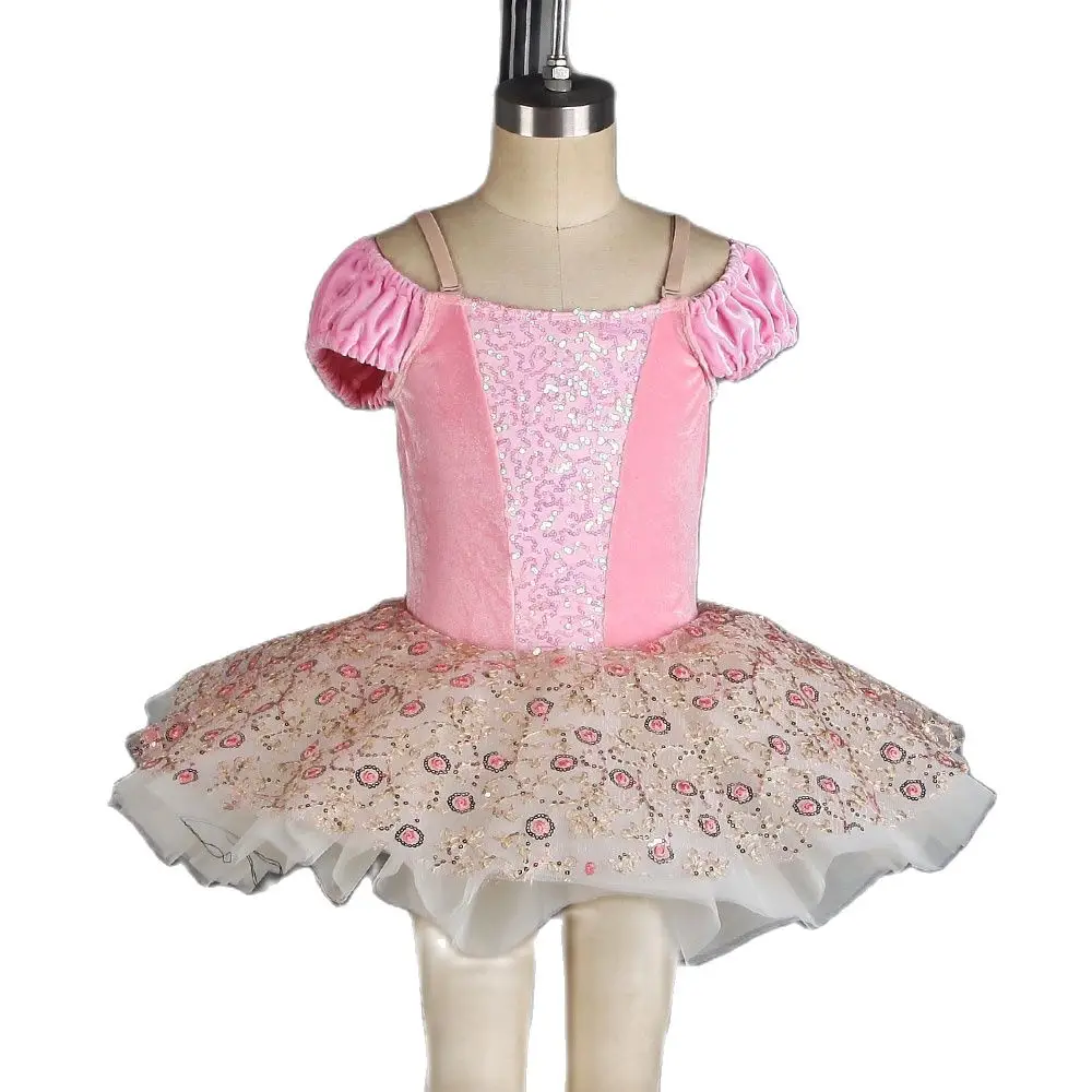 

21034 Kids Pink Ballet Tutu Costume Girls Leotard Dress Off Shoulder Velvet Bodice with Platter Tutu Skirts Performance Costume