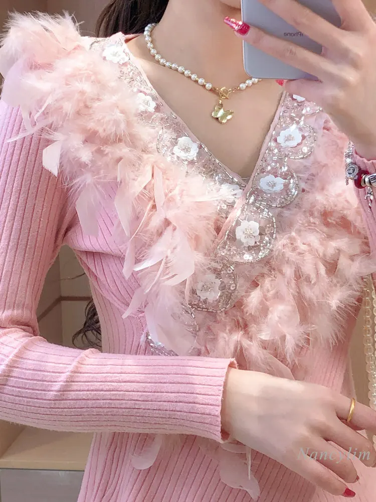 Sweet Elegant Sequins Flower Feather V-neck Sweater Women Fairy Style Design Sense All-Matching Bottoming Sweater Fall Winter
Sweet Elegant Sequins Flower Feather V-neck Sweater Women Fairy Style Design Sense All-Matching Bottoming Sweater Fall Winter