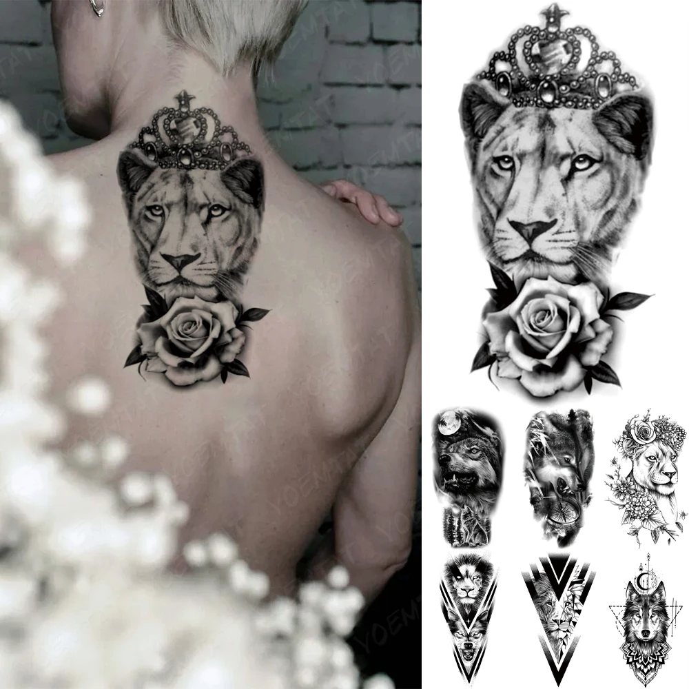 

Водостойкая Временная тату-наклейка Forest Wolf, Лев, тигр, корона, часы, Геометрическая искусственная татуировка на руку для мужчин и женщин, бод...