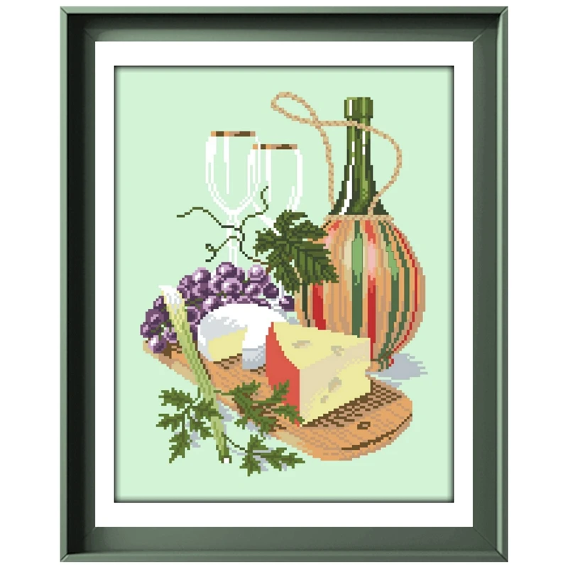 

Cheese red wine cross embroidery kit food pattern design 18ct 14ct 11ct light green canvas Cross-stitch DIY needlework