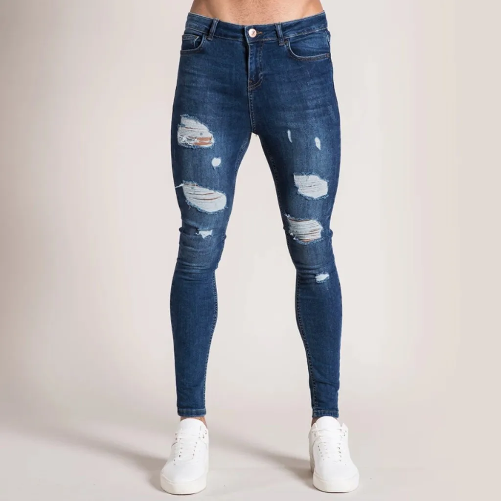 

2023 Модные мужские уличные универсальные джинсы, популярные мужские узкие Стрейчевые джинсовые брюки, потертые рваные свободные зауженные джинсы