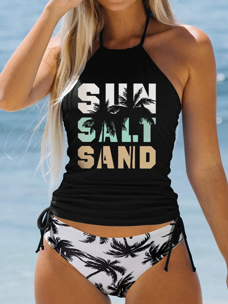 

Women Halter Beach Tankini Set Summer Bathing Suit Cute Sun Salt Sand Coconut Tree Print Drawstring Side Swimwear Vacation