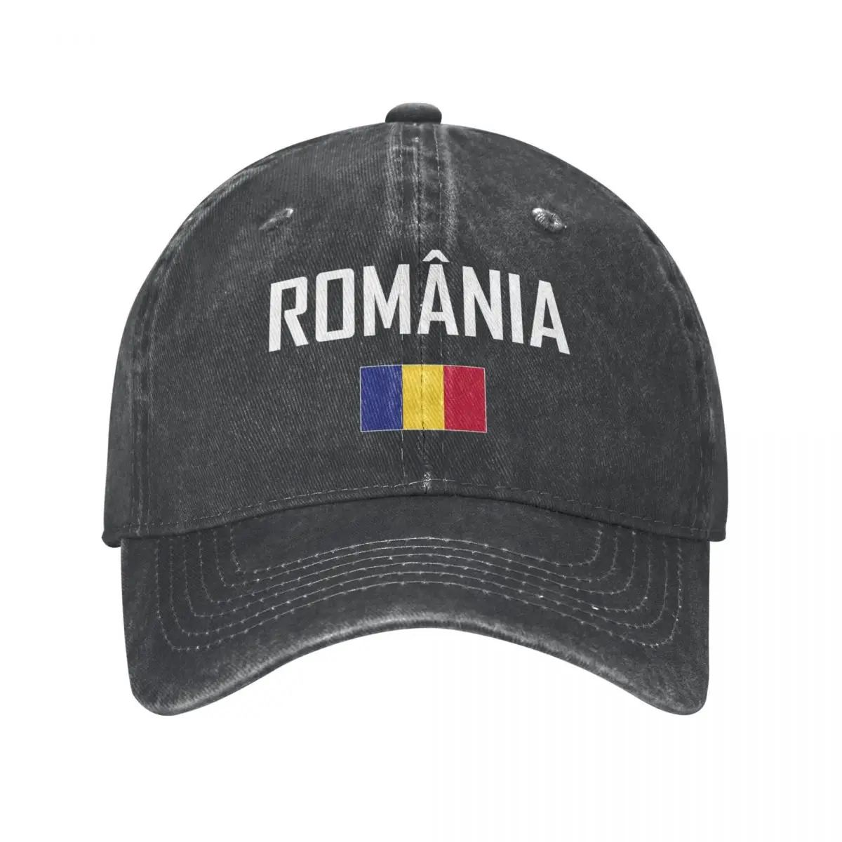 

Men Baseball Cap Romania Flag And Font Charcoal Washed Denim Classic Vintage Cotton Dad Trucker Hat Unisex Adult