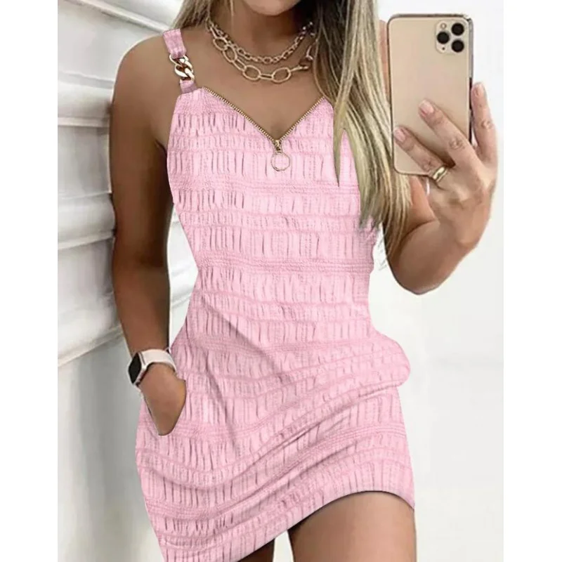Женское модное текстурированное платье на бретелях, прямое дизайнерское платье на молнии в европейском и американском стиле, женские летние повседневные Мини-платья для отпуска
Женское модное текстурированное платье на бретелях, прямое дизайнерское платье на молнии в европейском и американском стиле, женские летние повседневные Мини-платья для отпуска