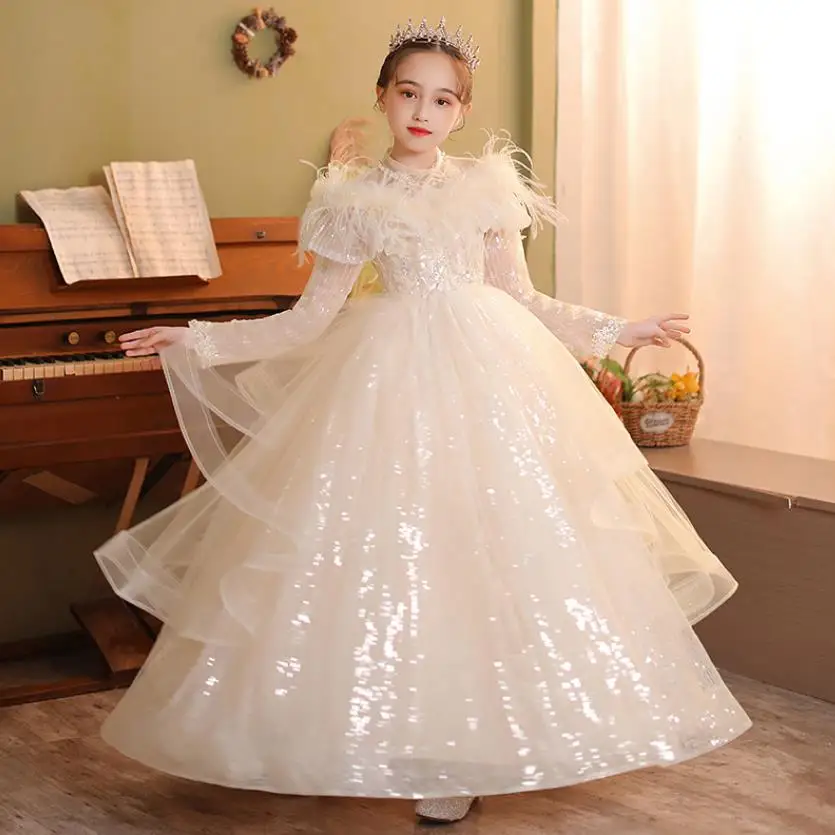 

Kids Wedding Dress for Girl Beading Sequined Design Flower Girl Princess Tulle Dress Birthday Party Show Pageant Ball Gown L1698