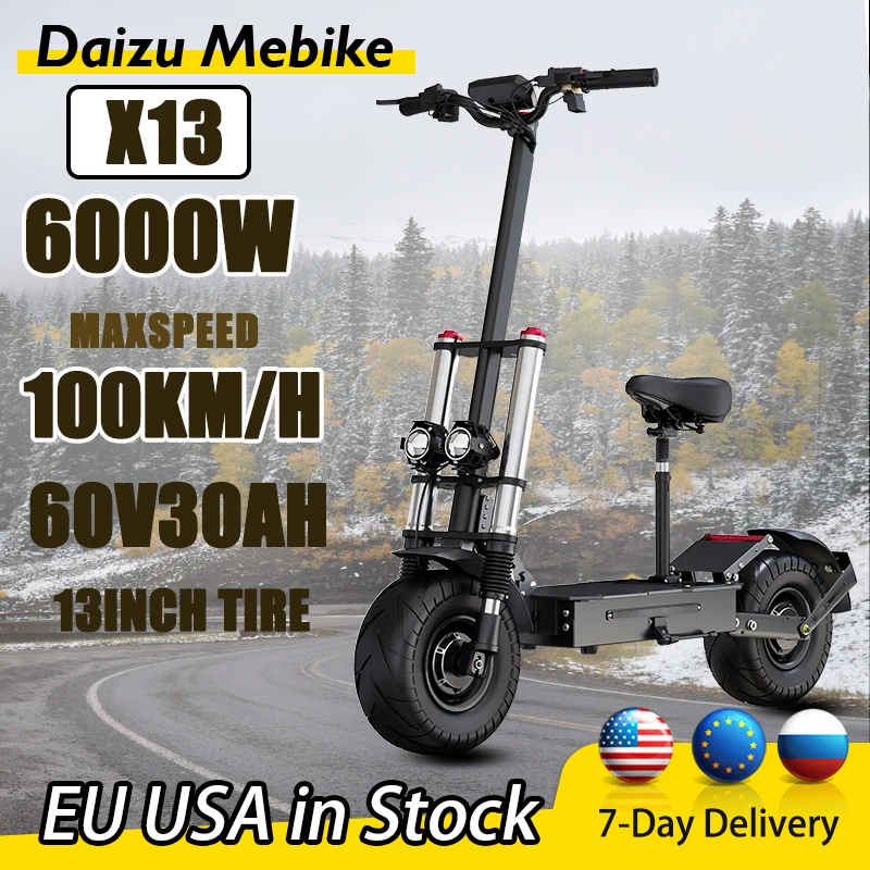 

Электрический скутер Daizu Mebike X13, 60 в, 30 Ач, Аккумулятор 6000 Вт, быстрая скорость 100 км/ч, двойной мотор, 13 дюймов, шина, дистанционный ключ, складной