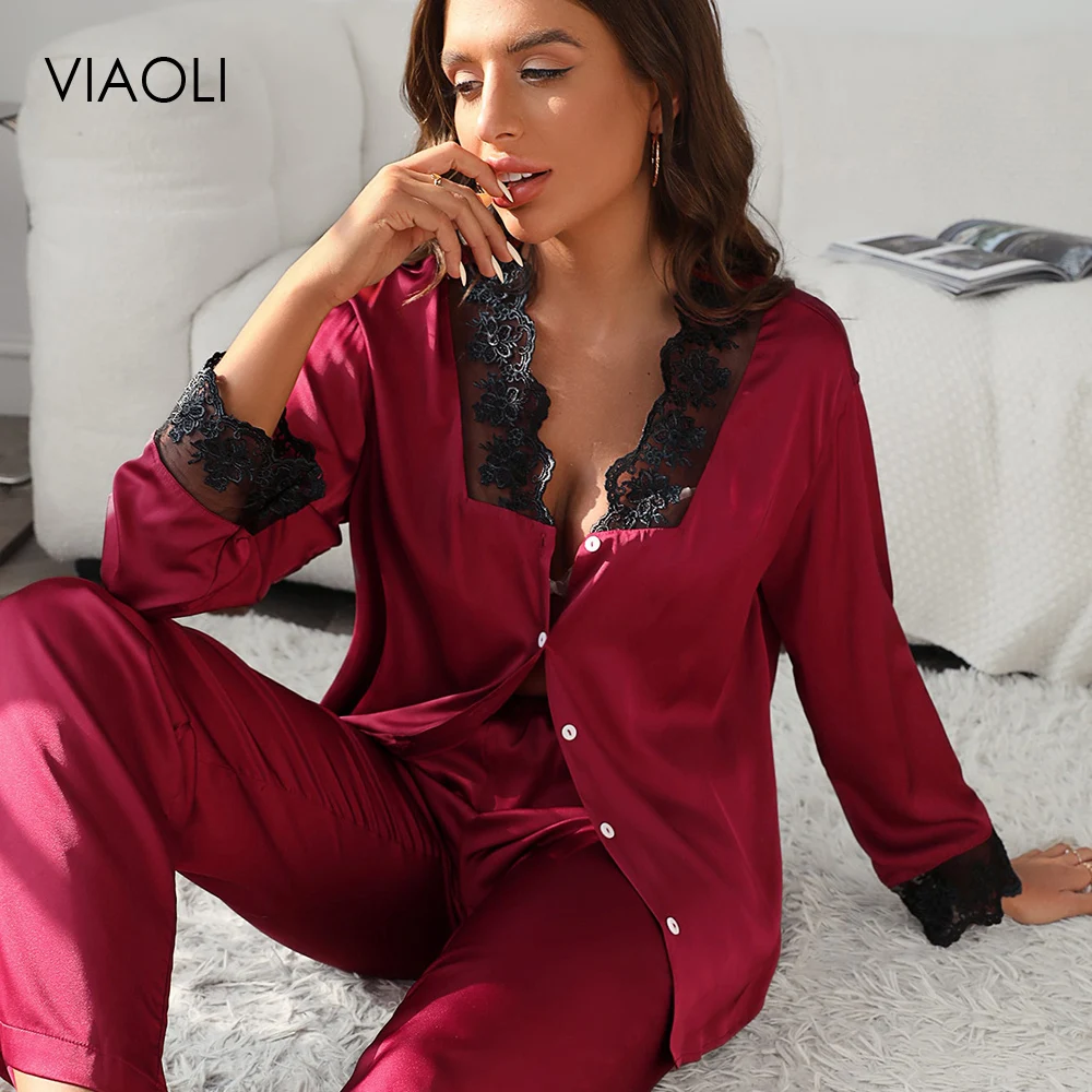 Fashion Pajamas Low Cut Loose Women's Homewear Stretch Satin Lace Comfortable Skin-Friendly Homewear Long Sleeve Sleepwear Suit
Fashion Pajamas Low Cut Loose Women's Homewear Stretch Satin Lace Comfortable Skin-Friendly Homewear Long Sleeve Sleepwear Suit
