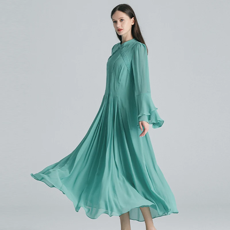 Aqua Blue Double Layer Georgette Silk Stand Neck Flare Long Sleeve Three Dimensional Pleated Office Ladies Silk Dress AE1736
Aqua Blue Double Layer Georgette Silk Stand Neck Flare Long Sleeve Three Dimensional Pleated Office Ladies Silk Dress AE1736