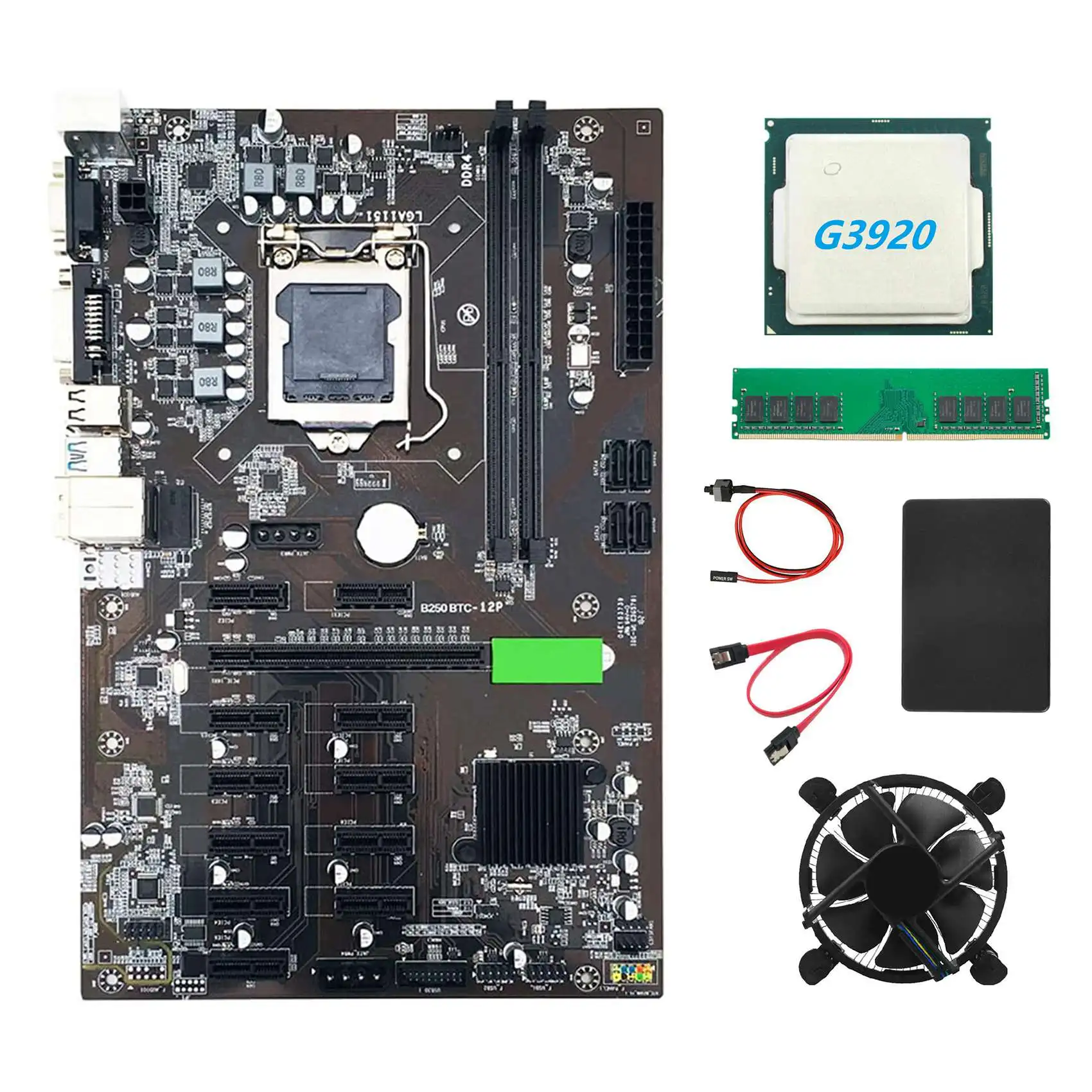 B250 BTC Mining Motherboard with G3920 or G3930 CPU+Fan+DDR4 4GB 2666MHZ RAM+128G SSD+SATA Cable+Switch Cable 12XGraphics Slot
B250 BTC Mining Motherboard with G3920 or G3930 CPU+Fan+DDR4 4GB 2666MHZ RAM+128G SSD+SATA Cable+Switch Cable 12XGraphics Slot