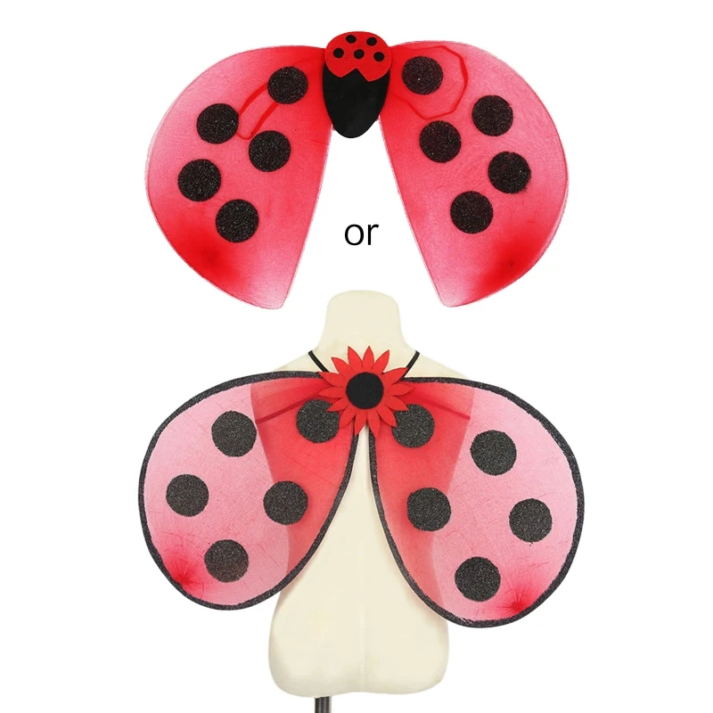 

652F Fairy Wings Fancy Dress Costume Red Gillters Ladybird Wings Halloween Insect Theme Cosplay Accessories for Kids Adult