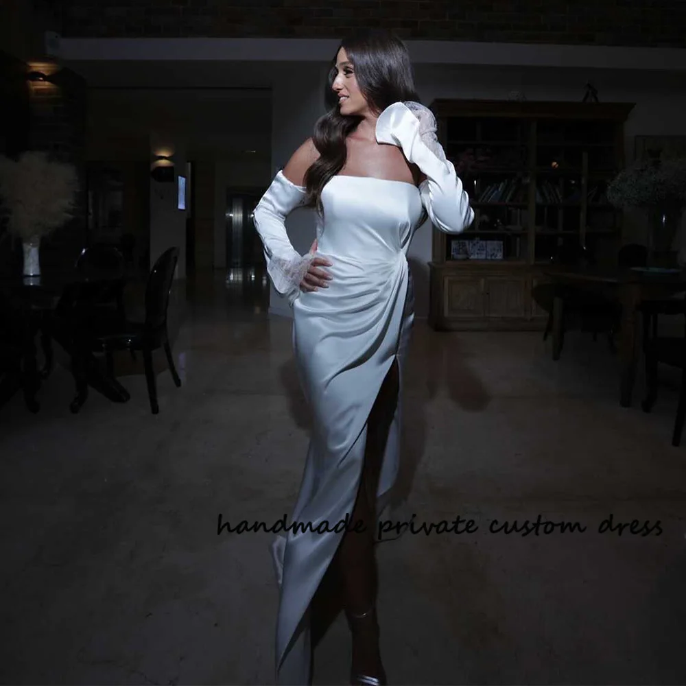 White Mermaid Strapless Wedding Dresses Side Split Pleats Satin Bride Dress Floor Length Wedding Gowns Customized
White Mermaid Strapless Wedding Dresses Side Split Pleats Satin Bride Dress Floor Length Wedding Gowns Customized