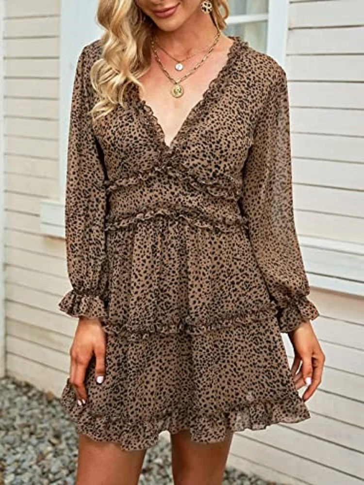 2022 Womens Spring Summer Deep V Neck Ruffle Long Sleeve Leopard Print Mini Dress
2022 Womens Spring Summer Deep V Neck Ruffle Long Sleeve Leopard Print Mini Dress