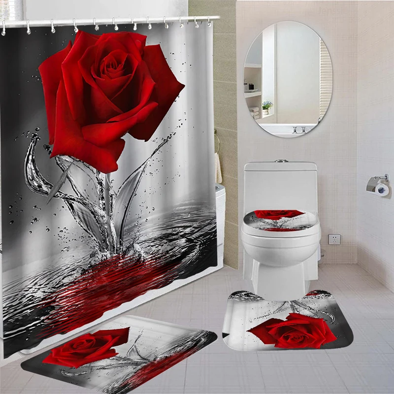 Rose Flower Shower Curtain Set Non-Slip Rugs Bath Mat Toilet Lid Cover and 12 Hooks Waterproof Polyester Bathroom Decor
Rose Flower Shower Curtain Set Non-Slip Rugs Bath Mat Toilet Lid Cover and 12 Hooks Waterproof Polyester Bathroom Decor