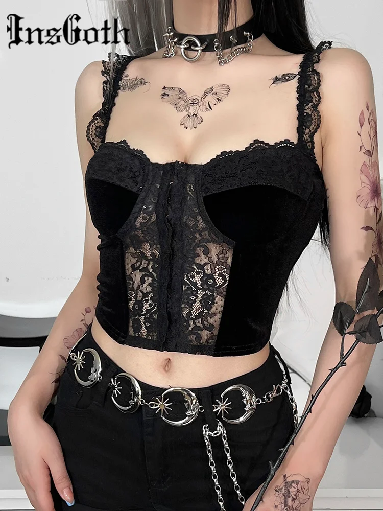 

InsGoth Sexy Backless Soild Black Hollow Out Top Grunge Hot Summer Lace Cobweb Woman Tank Aesthetic Elegant Emo Basic Camis