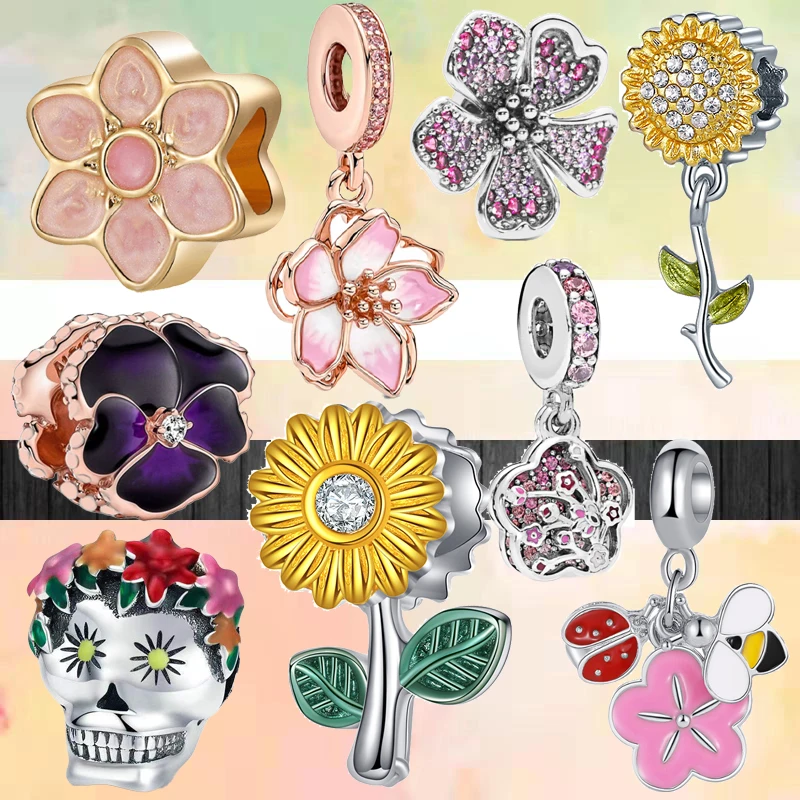 

Newest Skull Rose Flowers Sunflower Beads Lotus Pendants Fit Original Pandora Charms Silver Color Bracelets DIY Women‘s Jewelry