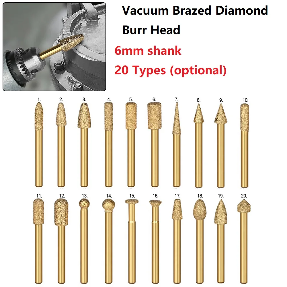 Vacuum Brazed Diamond Burr Head 6mm Shank Grinding Rotary File For Stone Marble Granite Engraving Carving Polishing Router Bits
Vacuum Brazed Diamond Burr Head 6mm Shank Grinding Rotary File For Stone Marble Granite Engraving Carving Polishing Router Bits