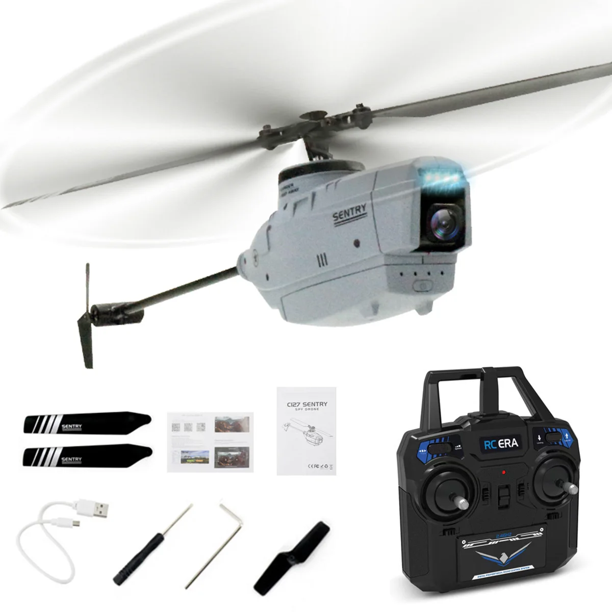 

RC ERA C127 2.4G 4CH 6-Axis Gyro Altitude Hold Optical Flow Localization Flybarless RTF Sentry Helicopter With 720P Camera Drone
